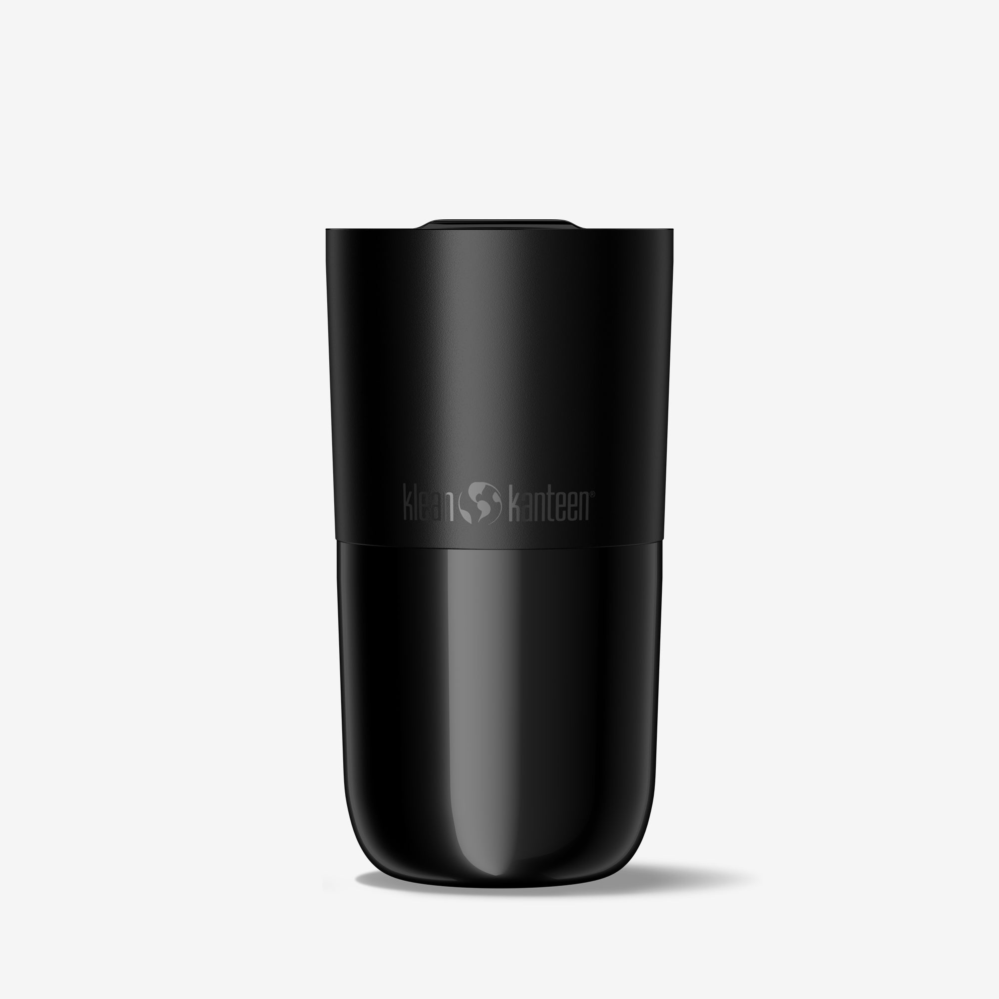 Black tumbler with Klean Kanteen logo on a light gray background