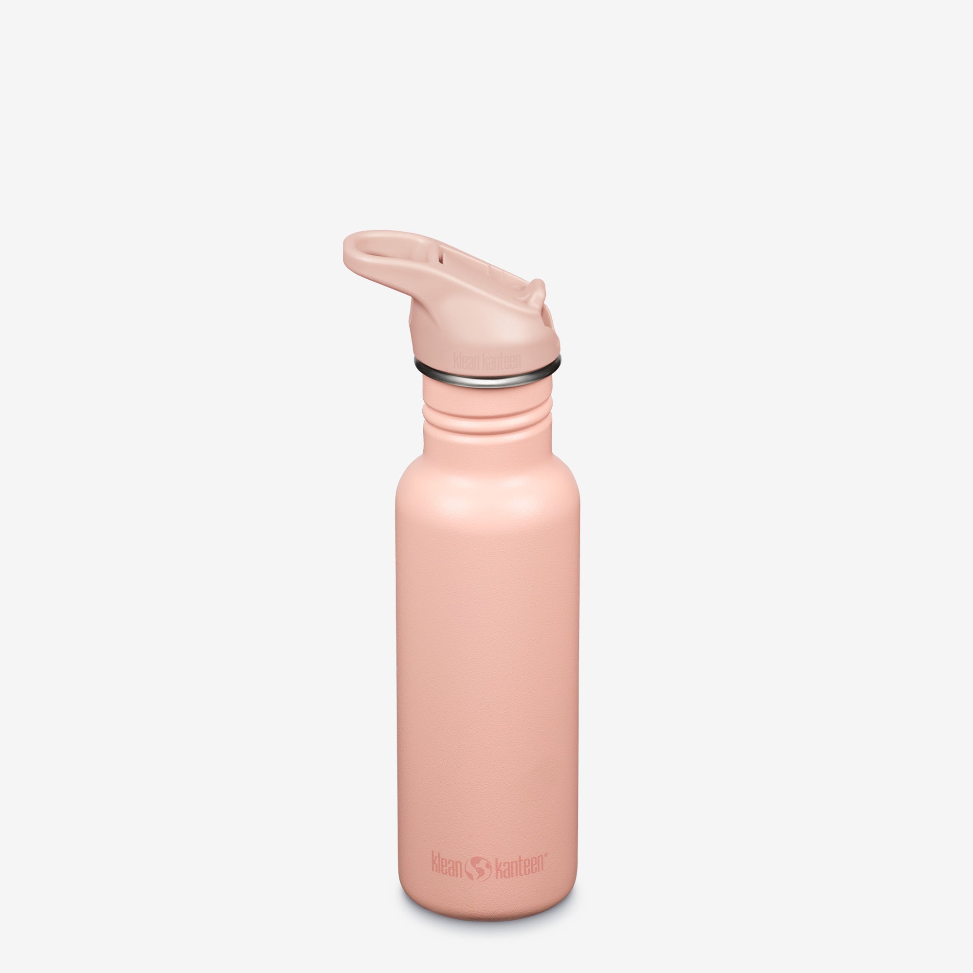 Pink water bottle with a white background