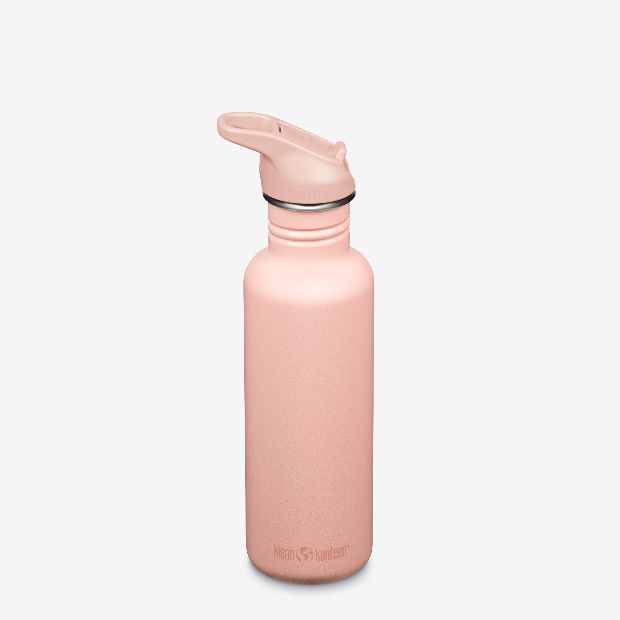 Pink water bottle with a screw-on cap on a light gray background