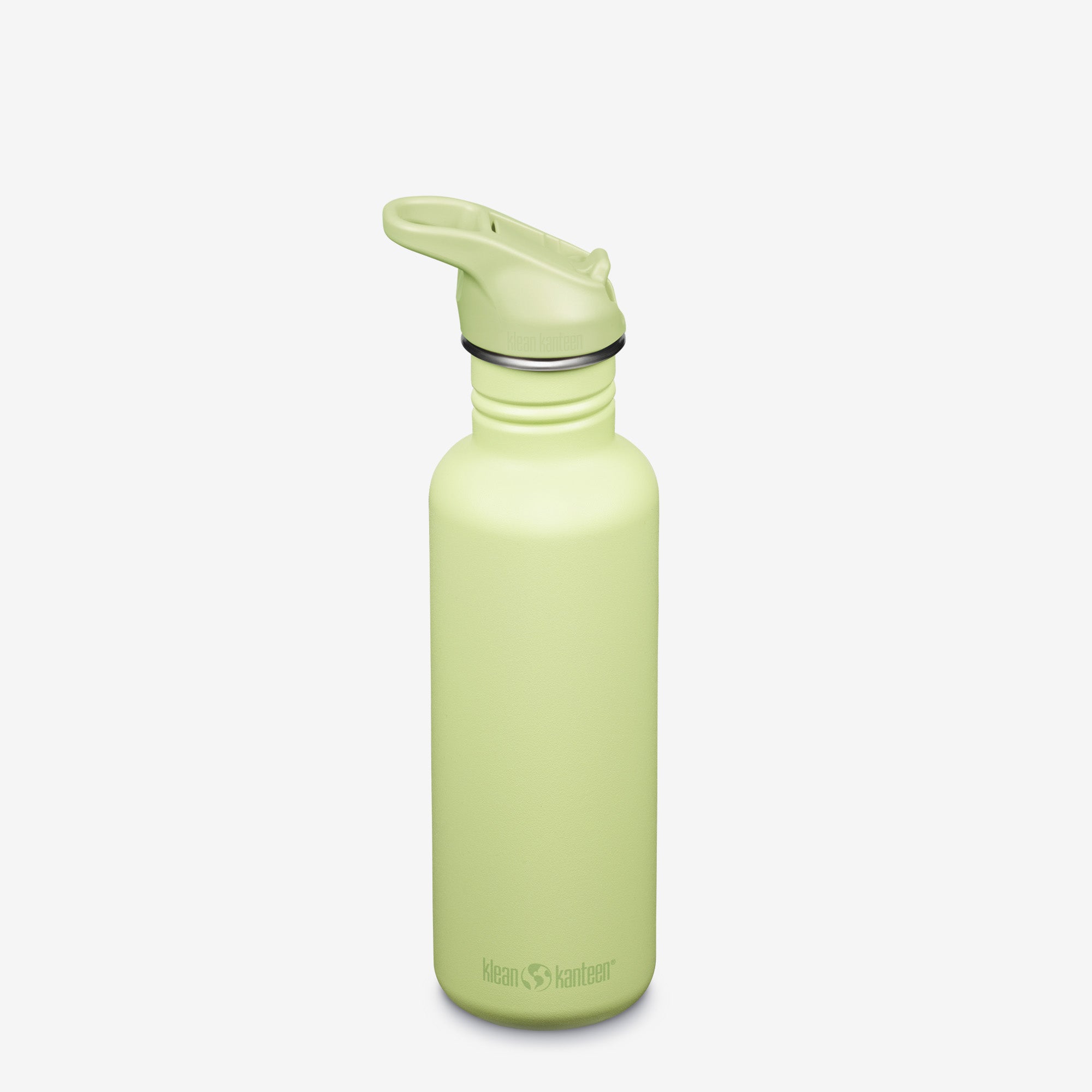 Light green water bottle with a screw-on cap on a white background