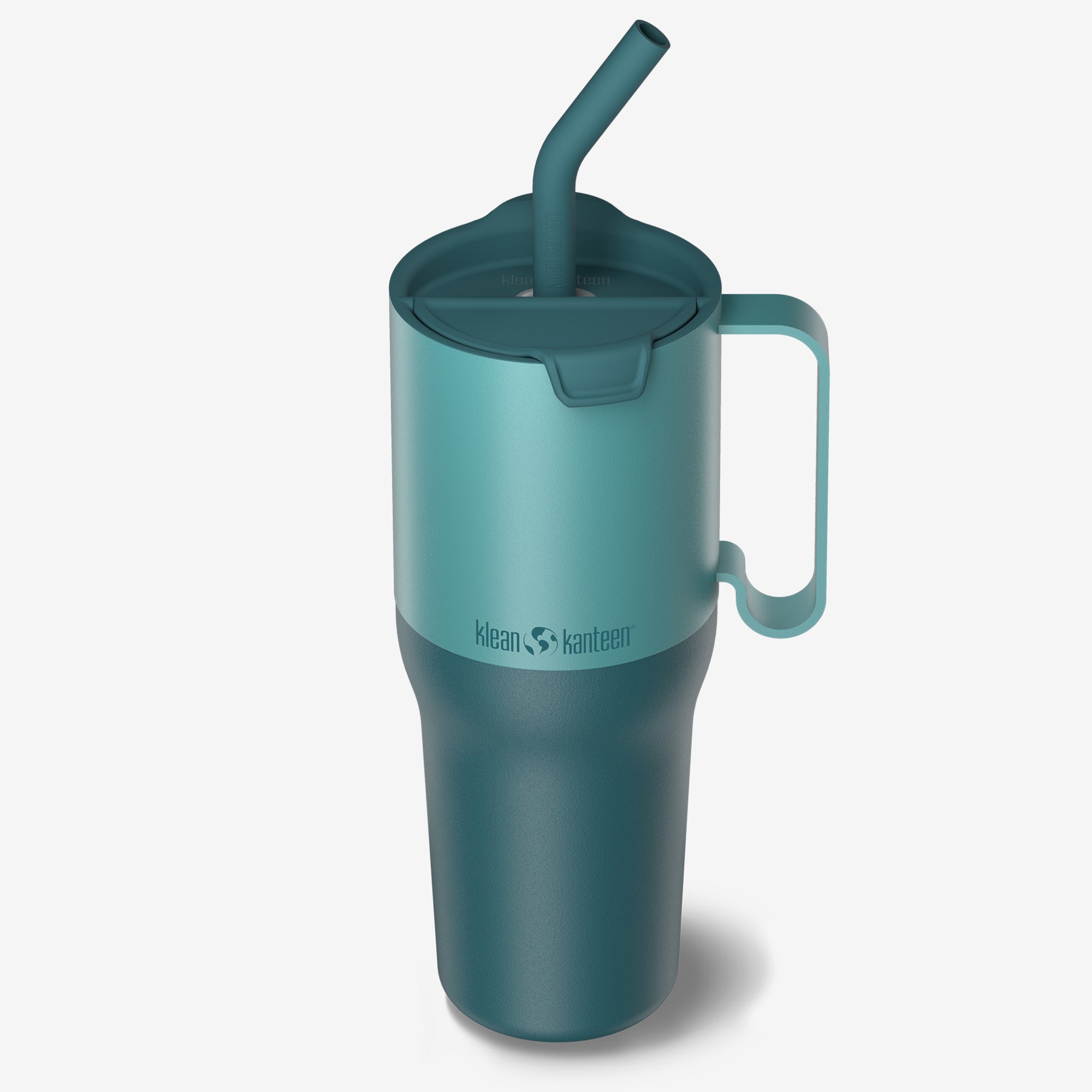 Teal insulated tumbler with straw and handle on a white background