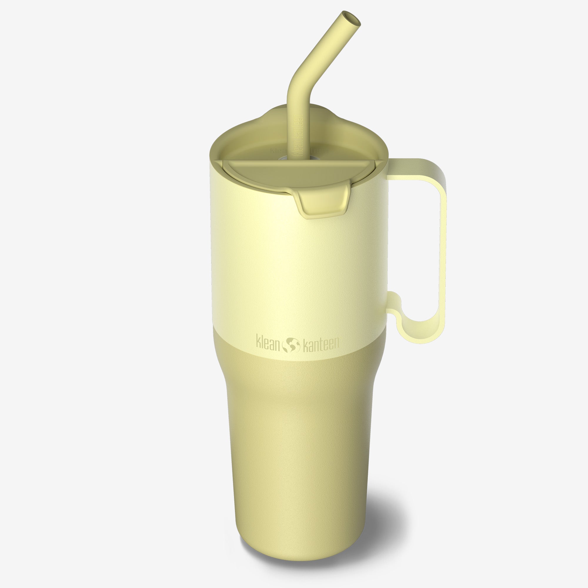 Yellow tumbler with a straw and handle on a white background