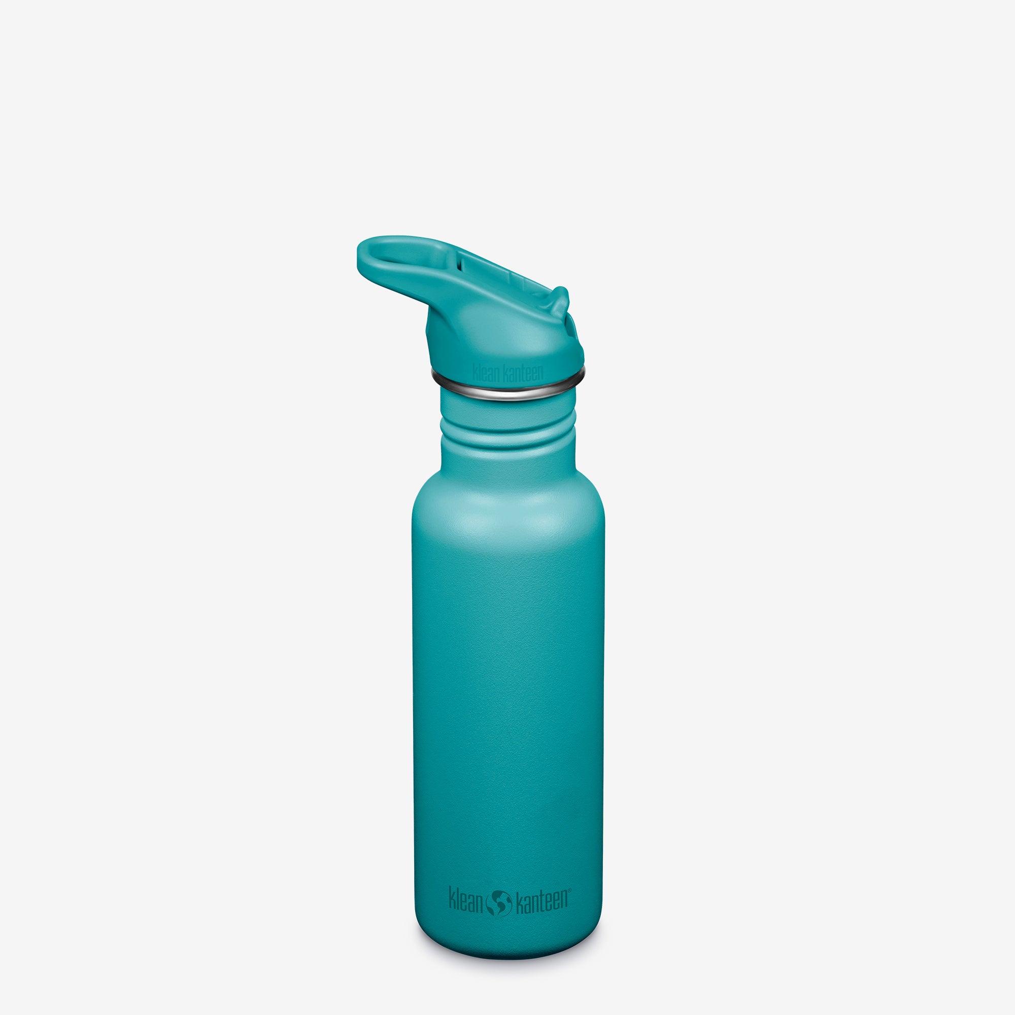 Teal water bottle with a screw-on cap on a white background
