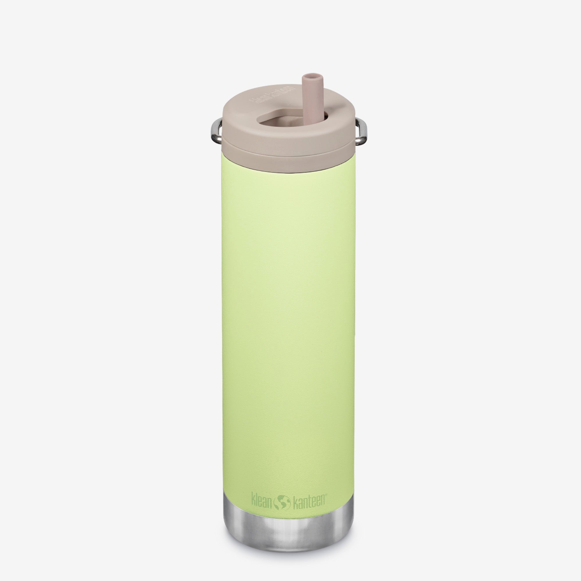 Green insulated bottle with a straw lid on a white background