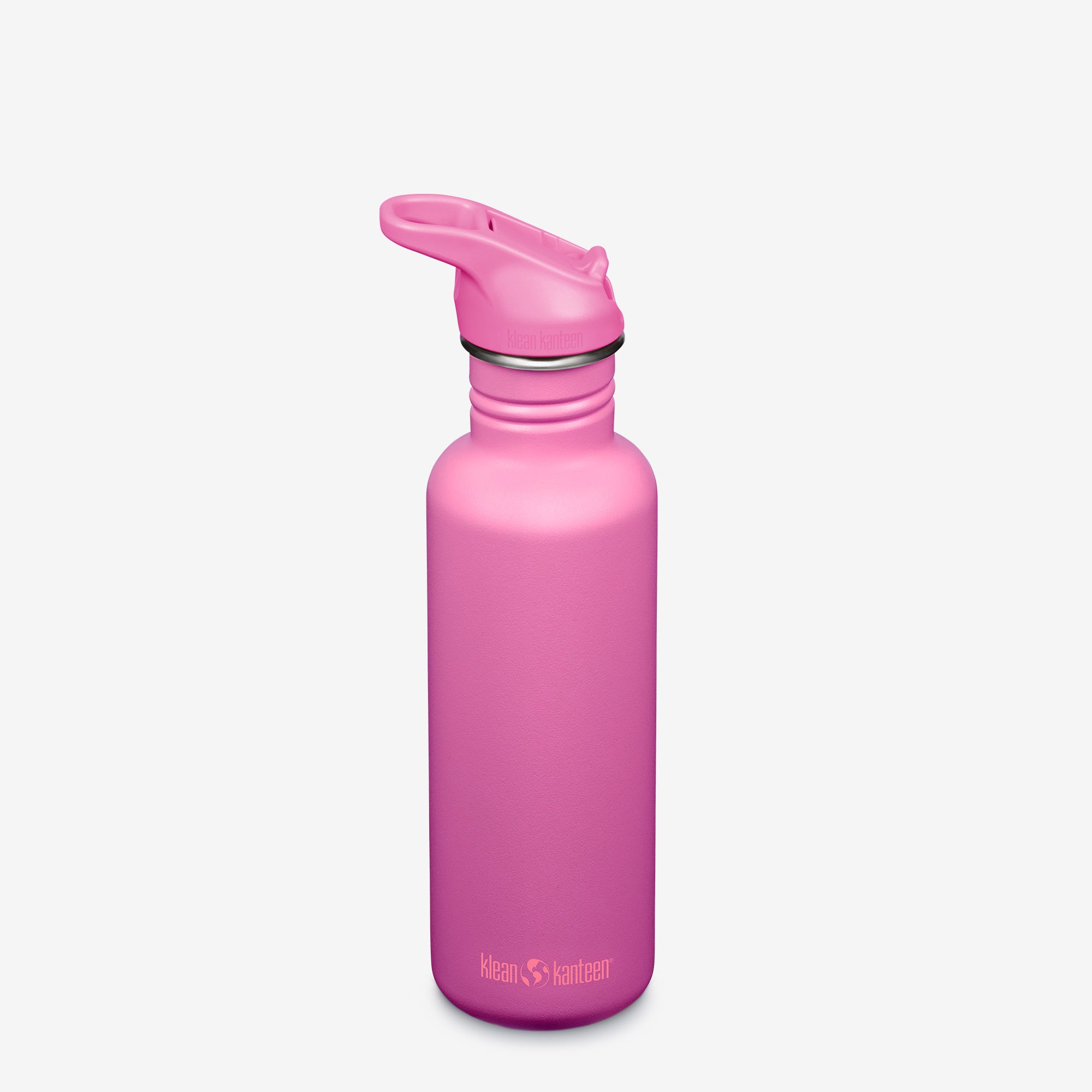 Pink water bottle with a screw-on cap on a white background