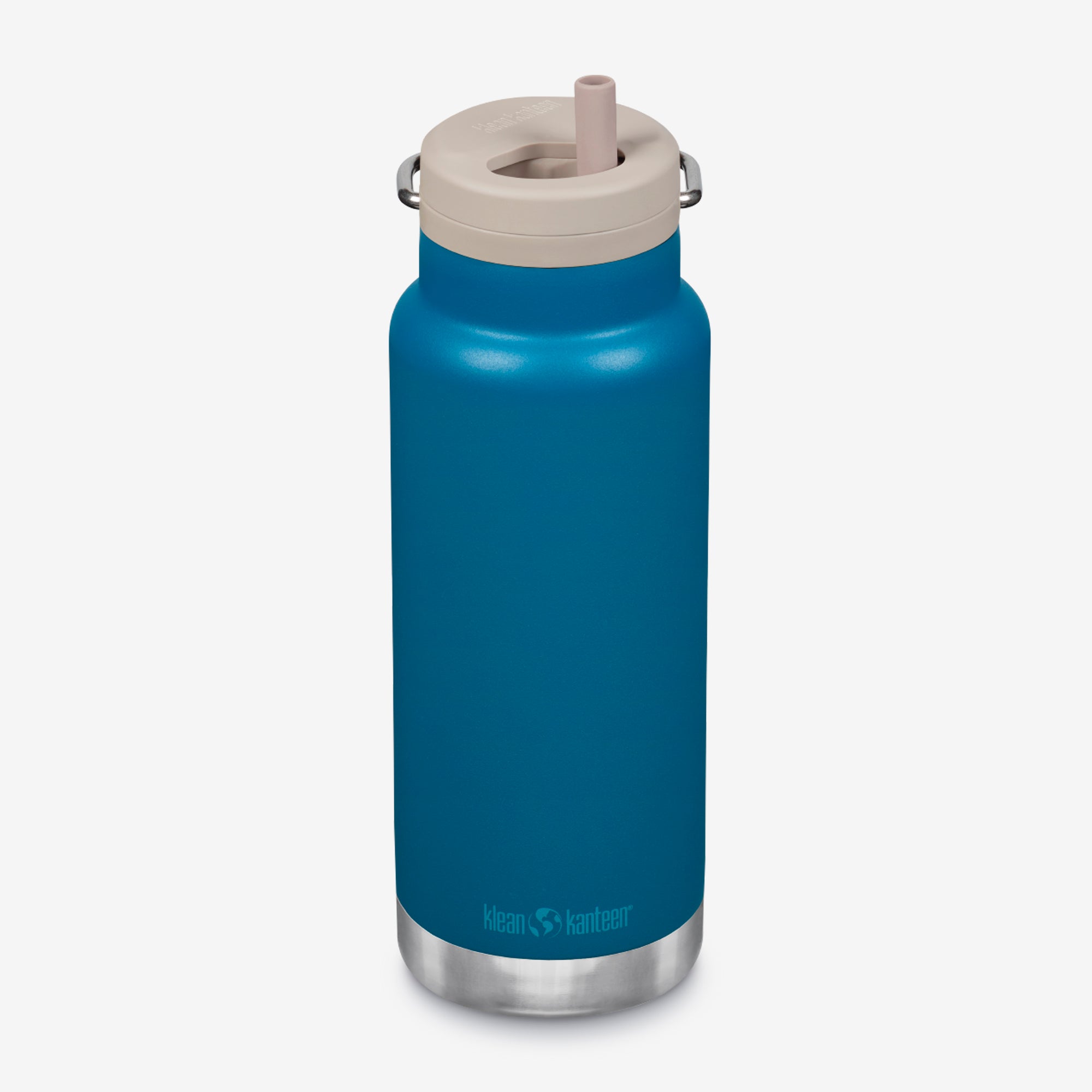 Blue water bottle with a beige lid on a white background
