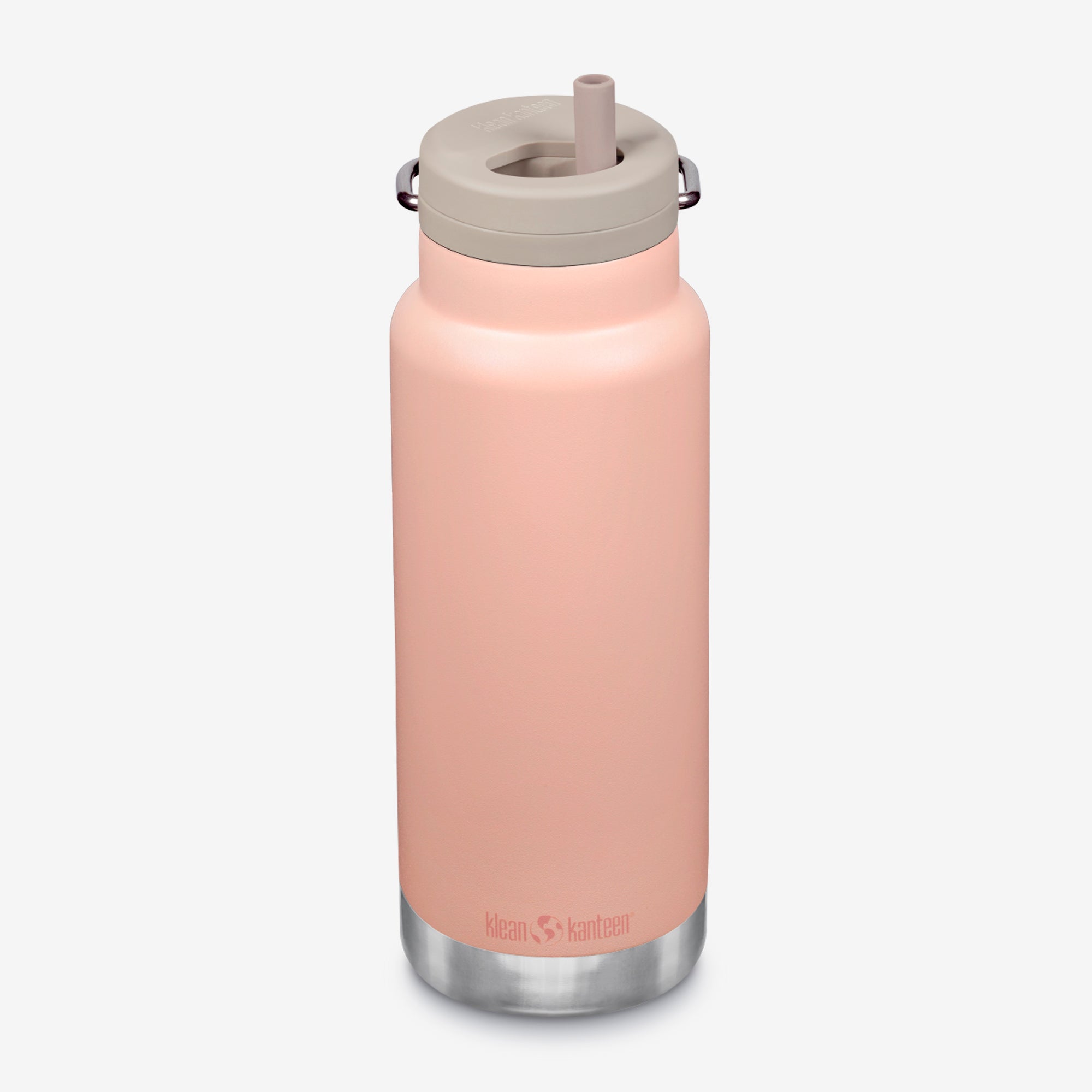 Pink water bottle with a beige lid on a white background