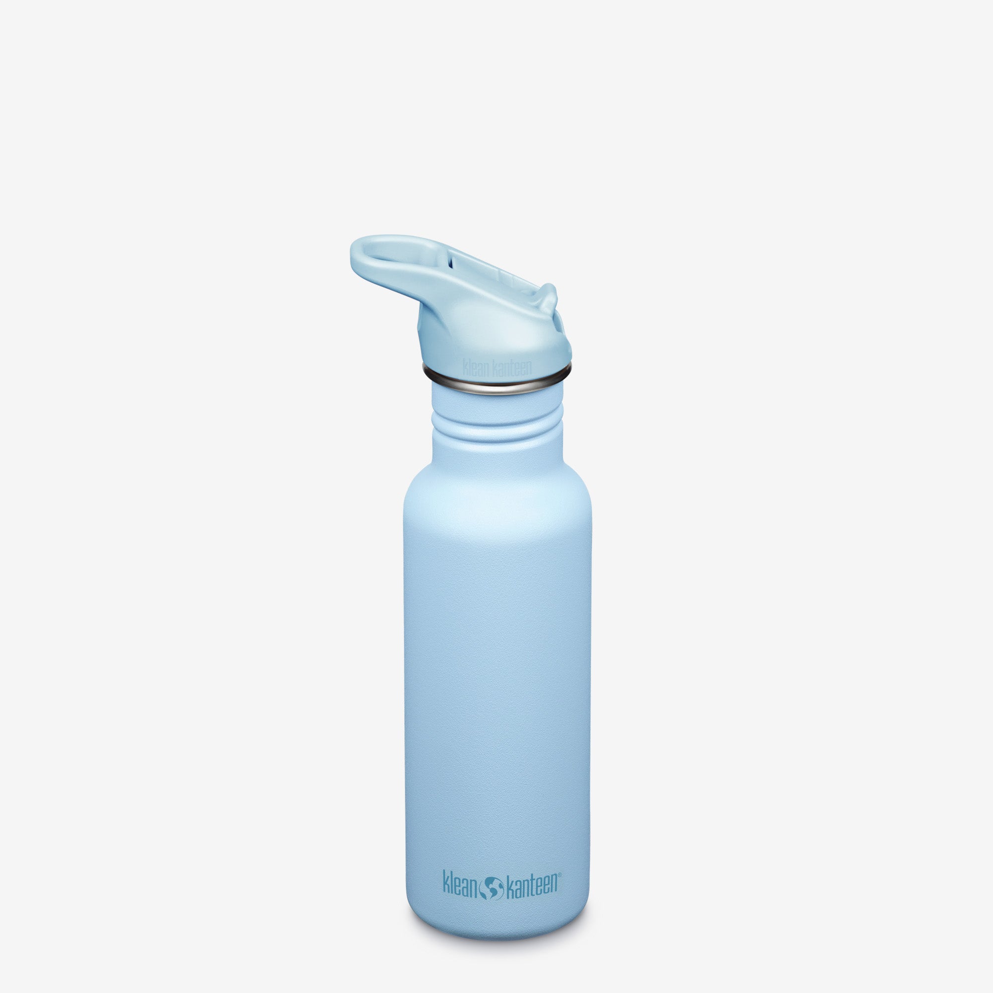 Light blue water bottle with a white cap on a white background
