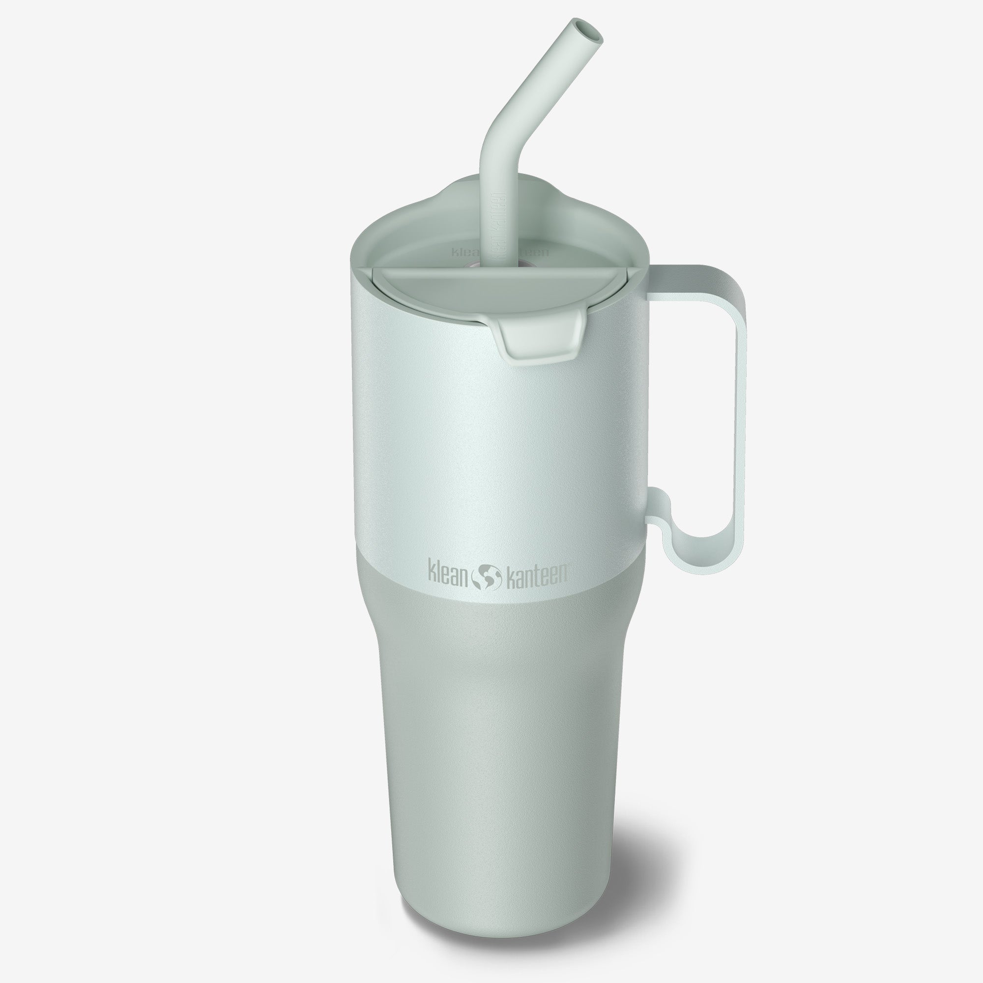Light gray tumbler with straw and handle on a white background