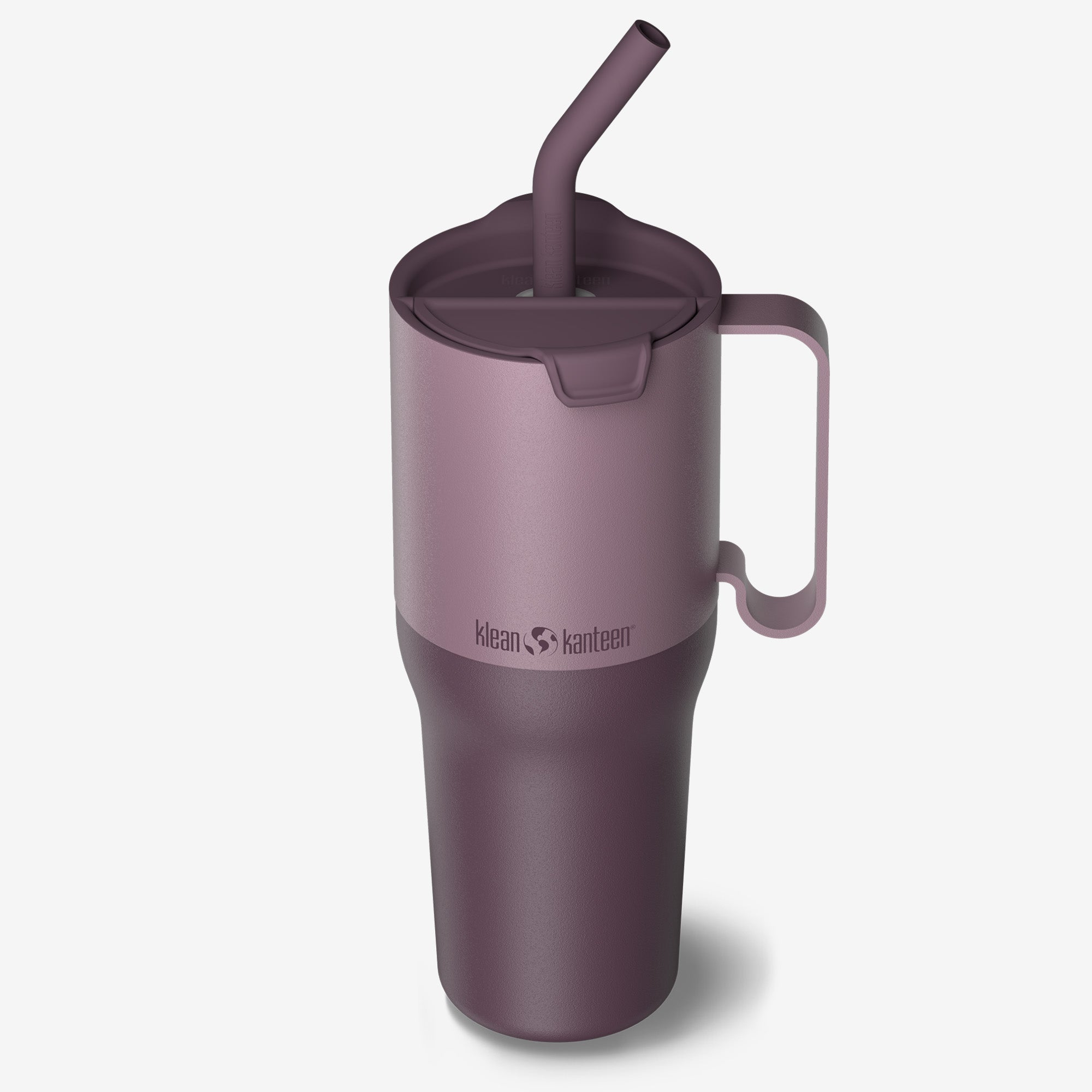 Purple insulated tumbler with straw and handle on a white background