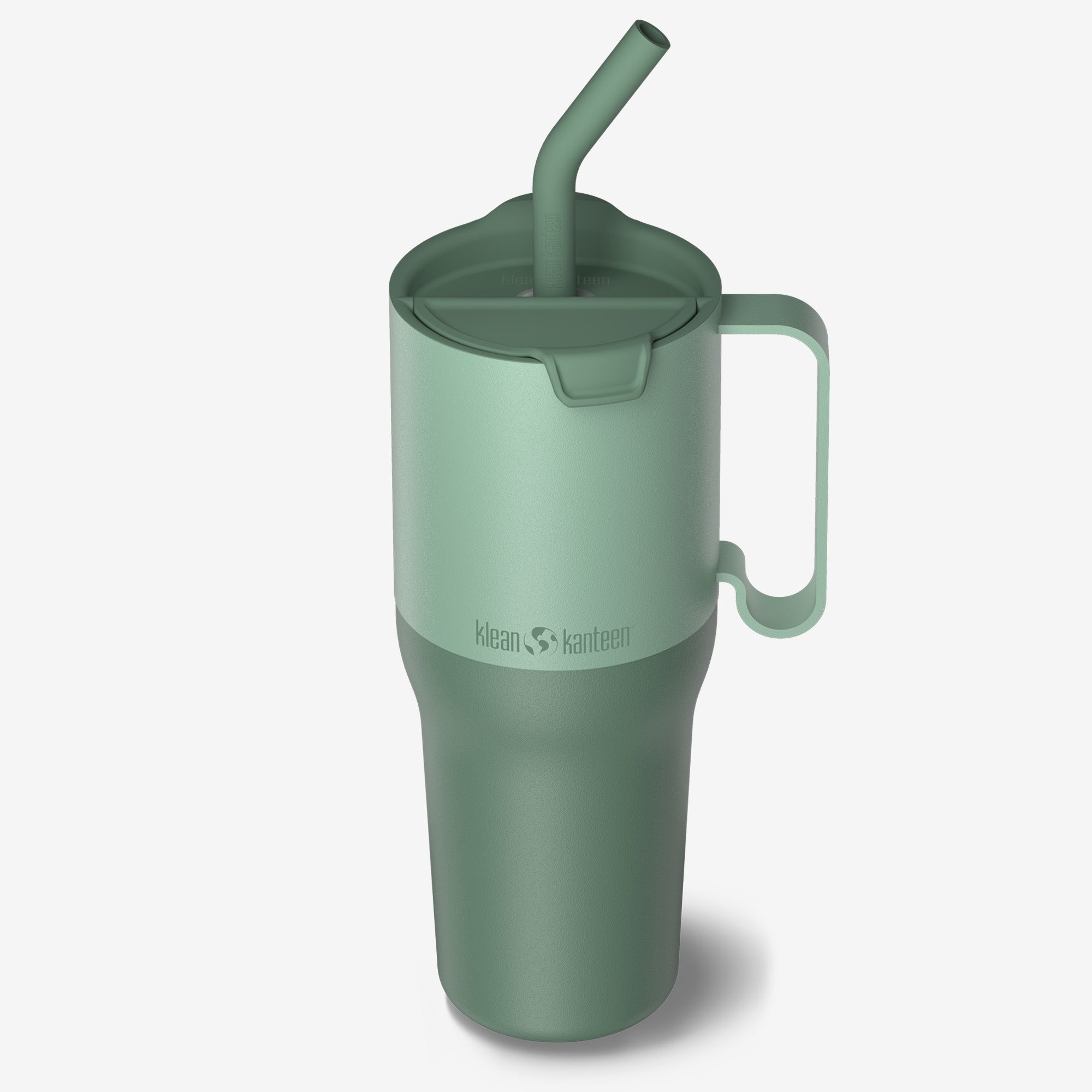 Green tumbler with a straw and handle on a white background