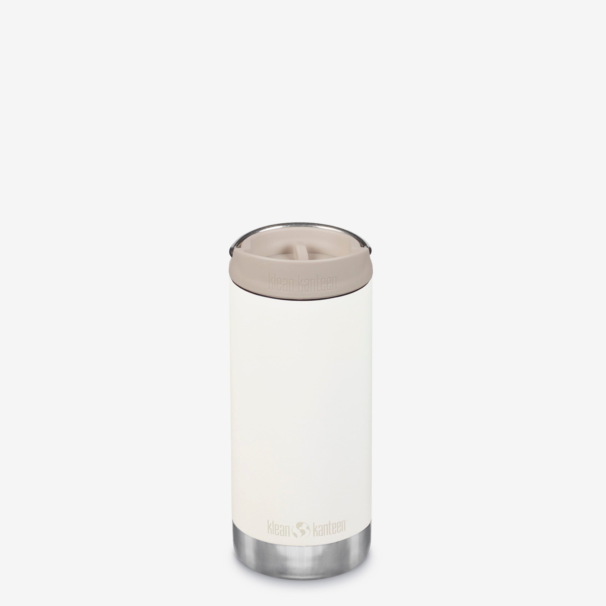 White insulated tumbler with a beige lid on a white background