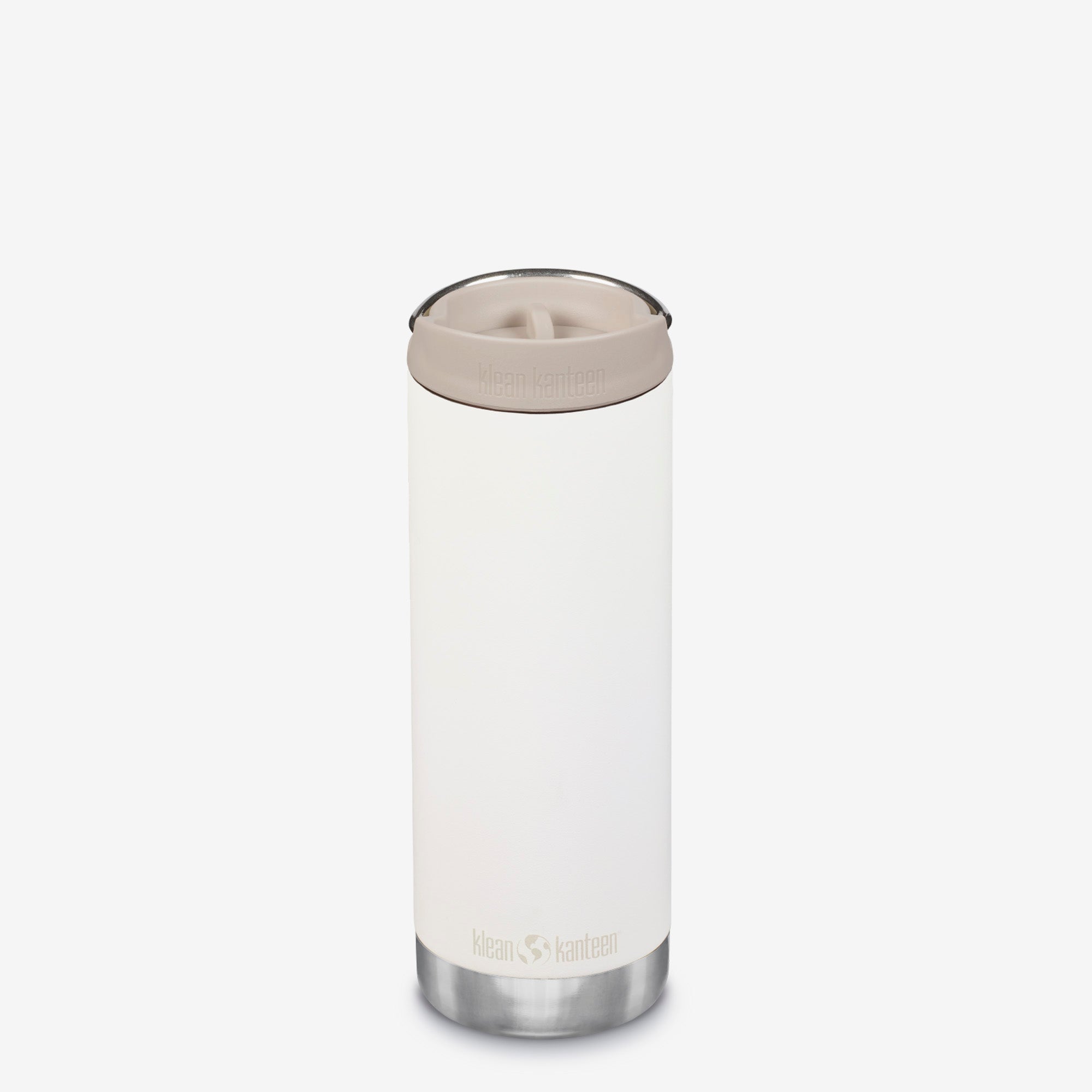 White tumbler with beige lid on a white background
