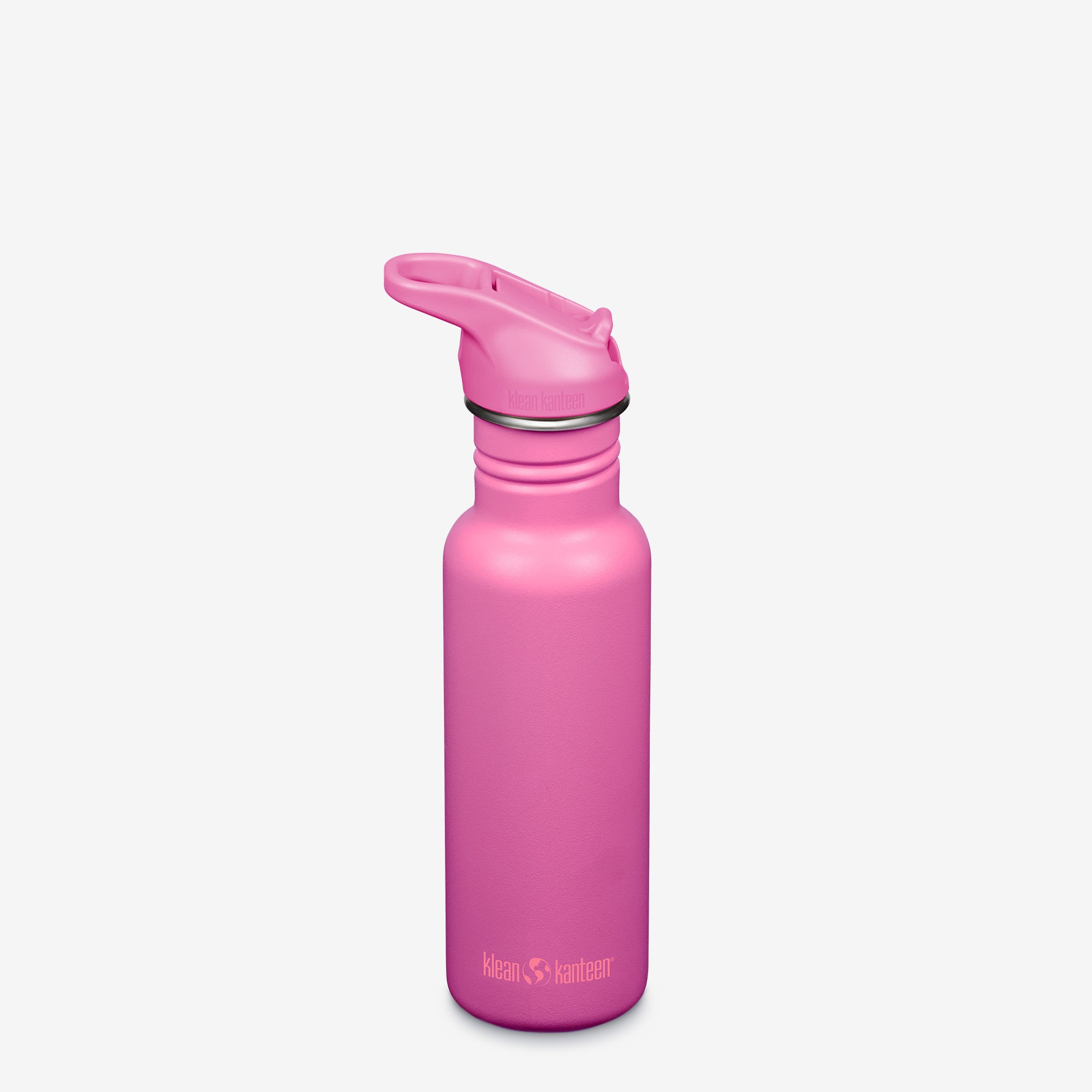 Pink water bottle with a white background