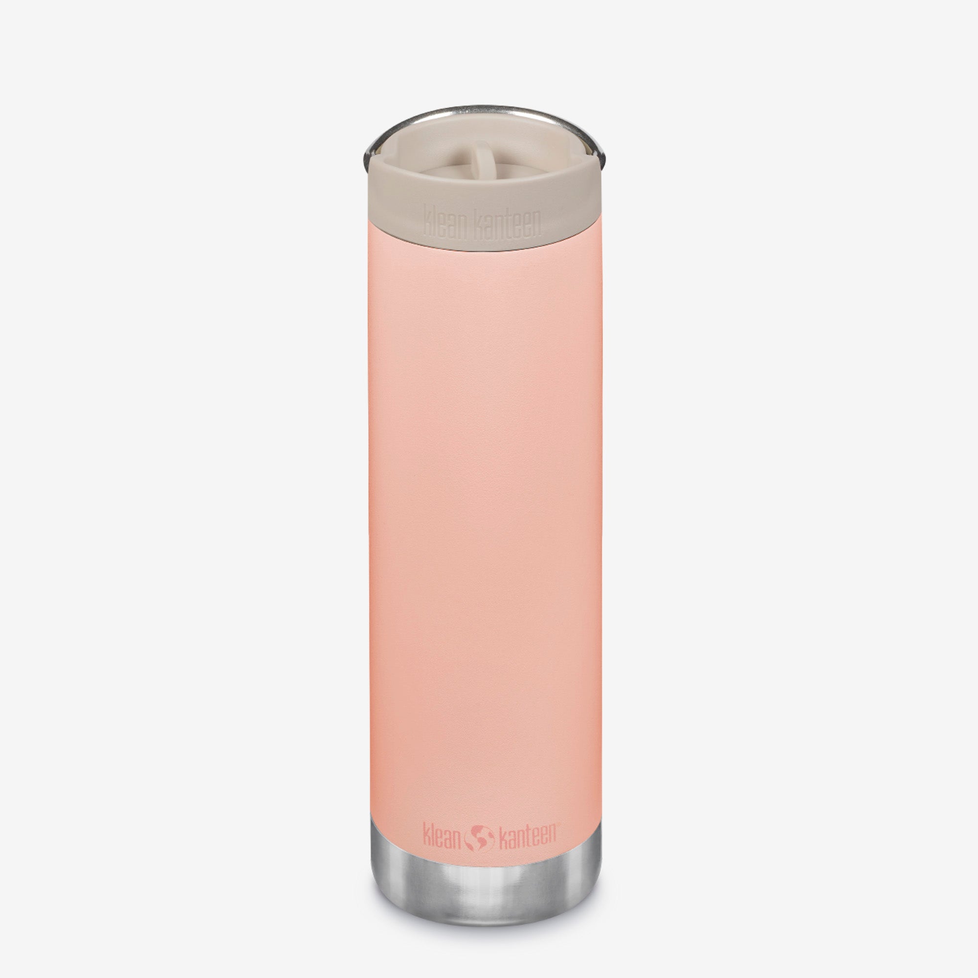 Pink insulated tumbler with silver base and lid on a white background