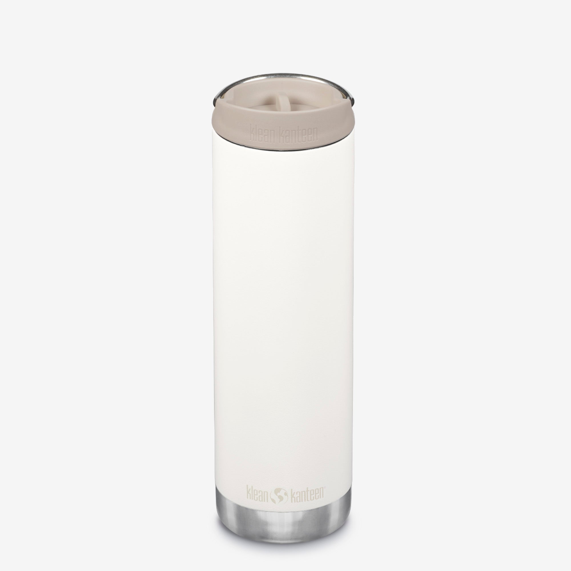 Clear tumbler with beige lid on a white background
