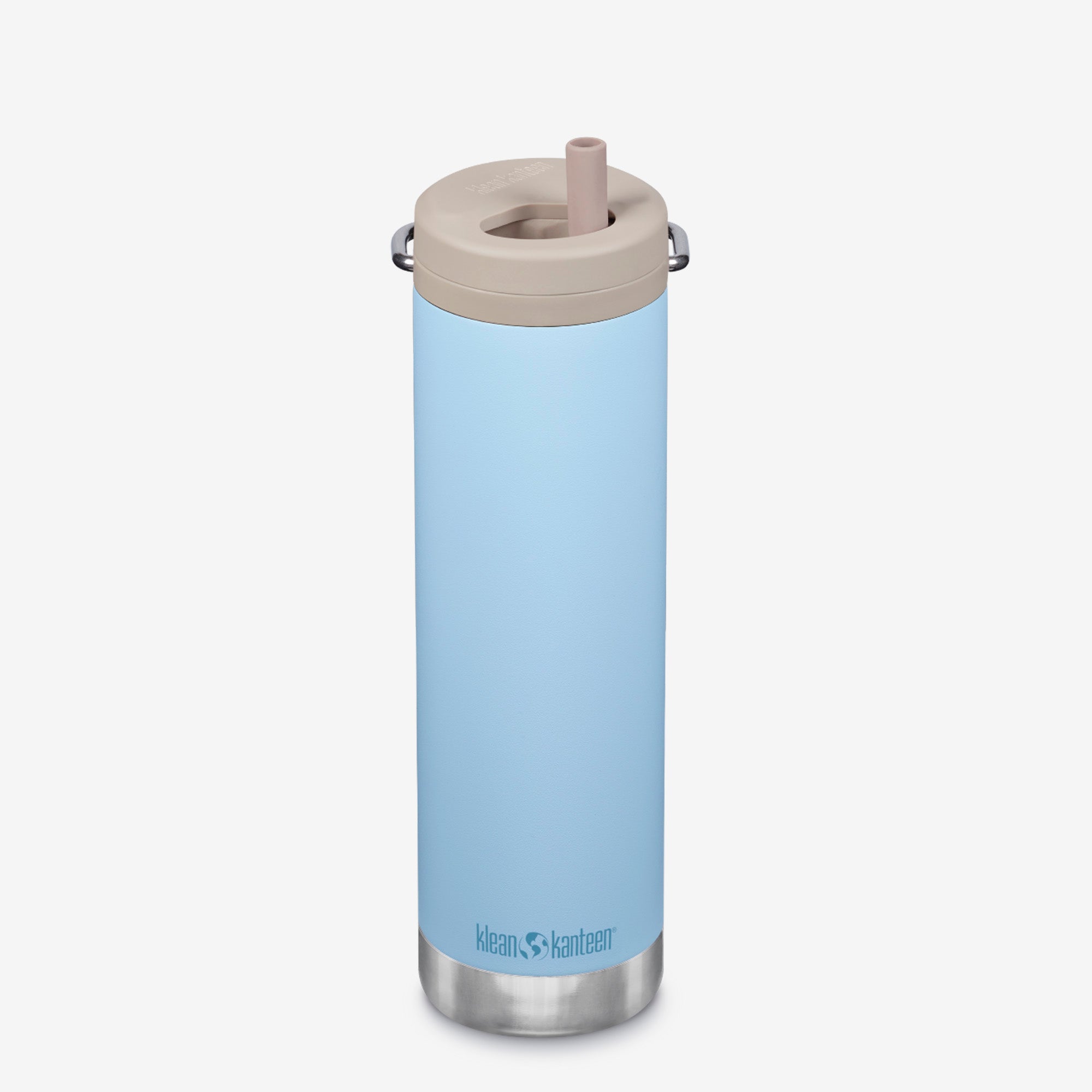 Blue insulated bottle with beige lid on a white background