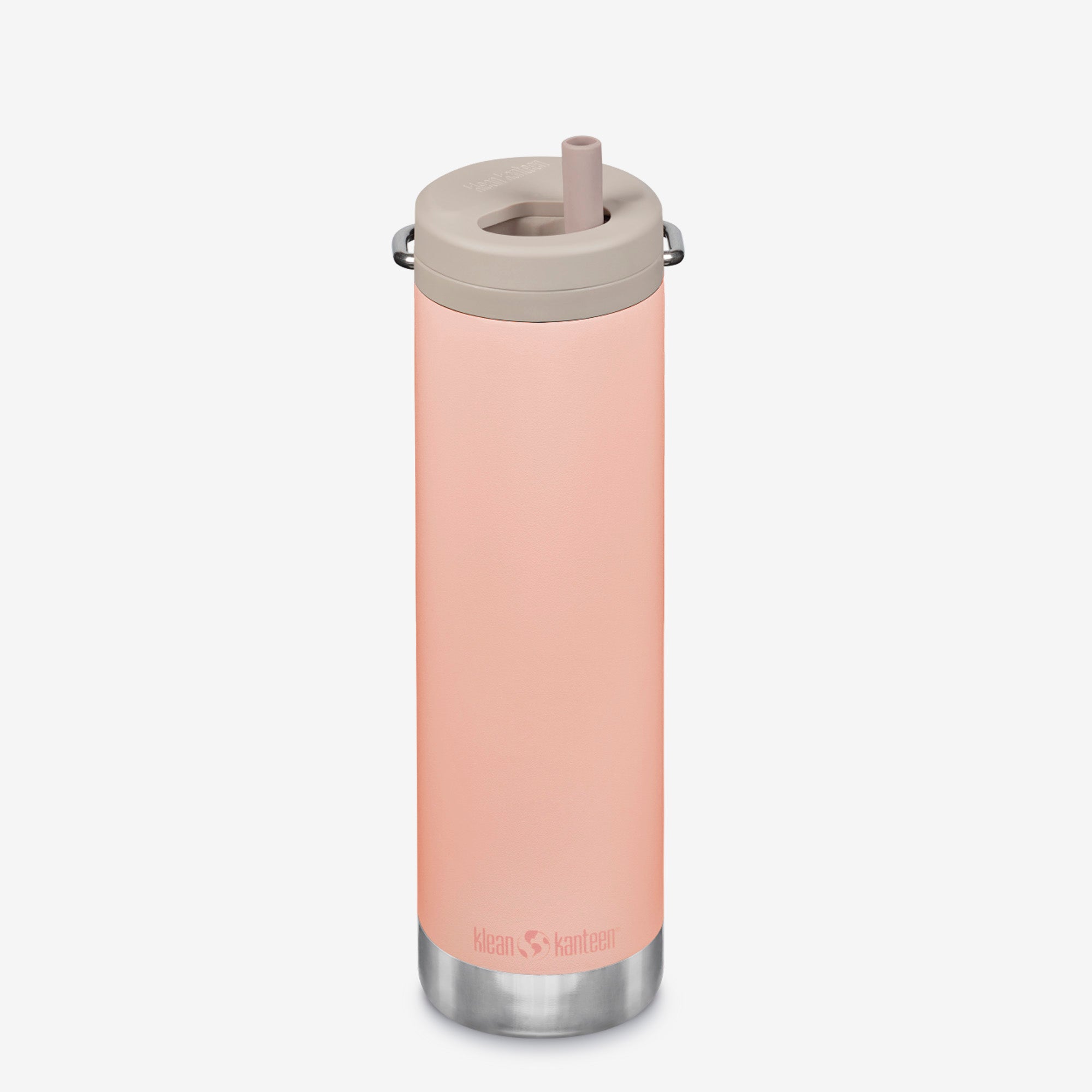 Pink insulated bottle with straw lid on a white background