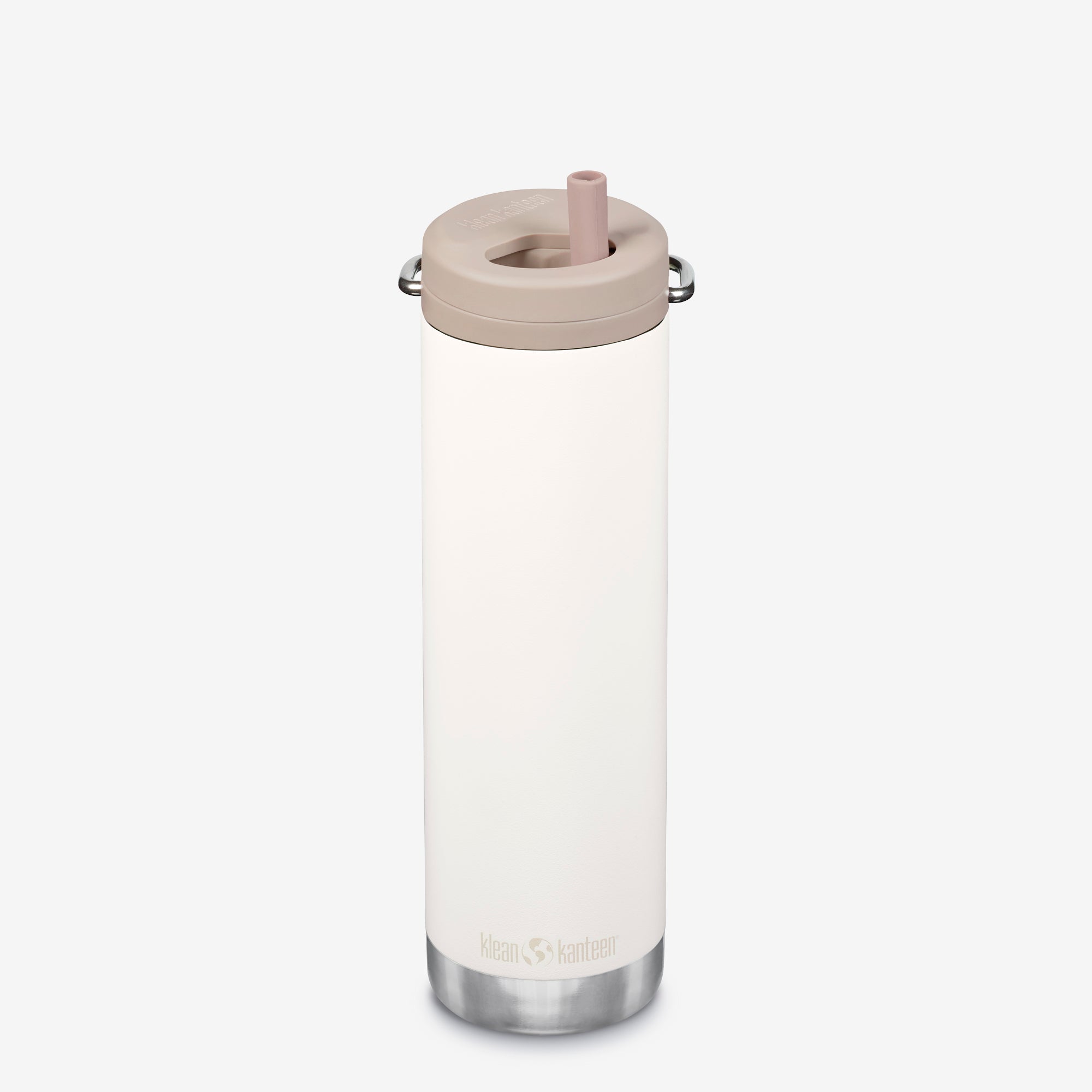 Clear water bottle with beige lid and straw on a white background