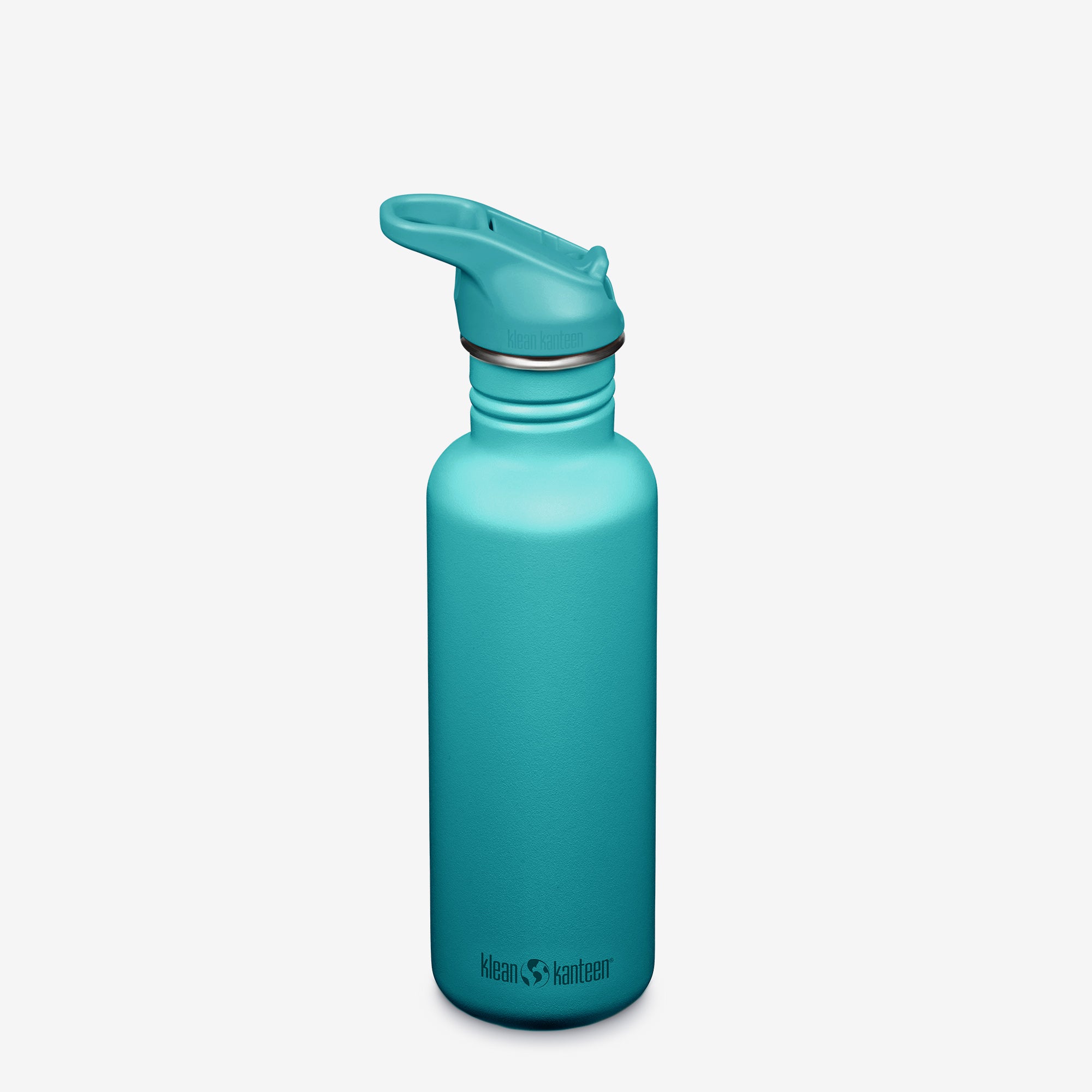 Turquoise water bottle with a screw-on cap on a light gray background