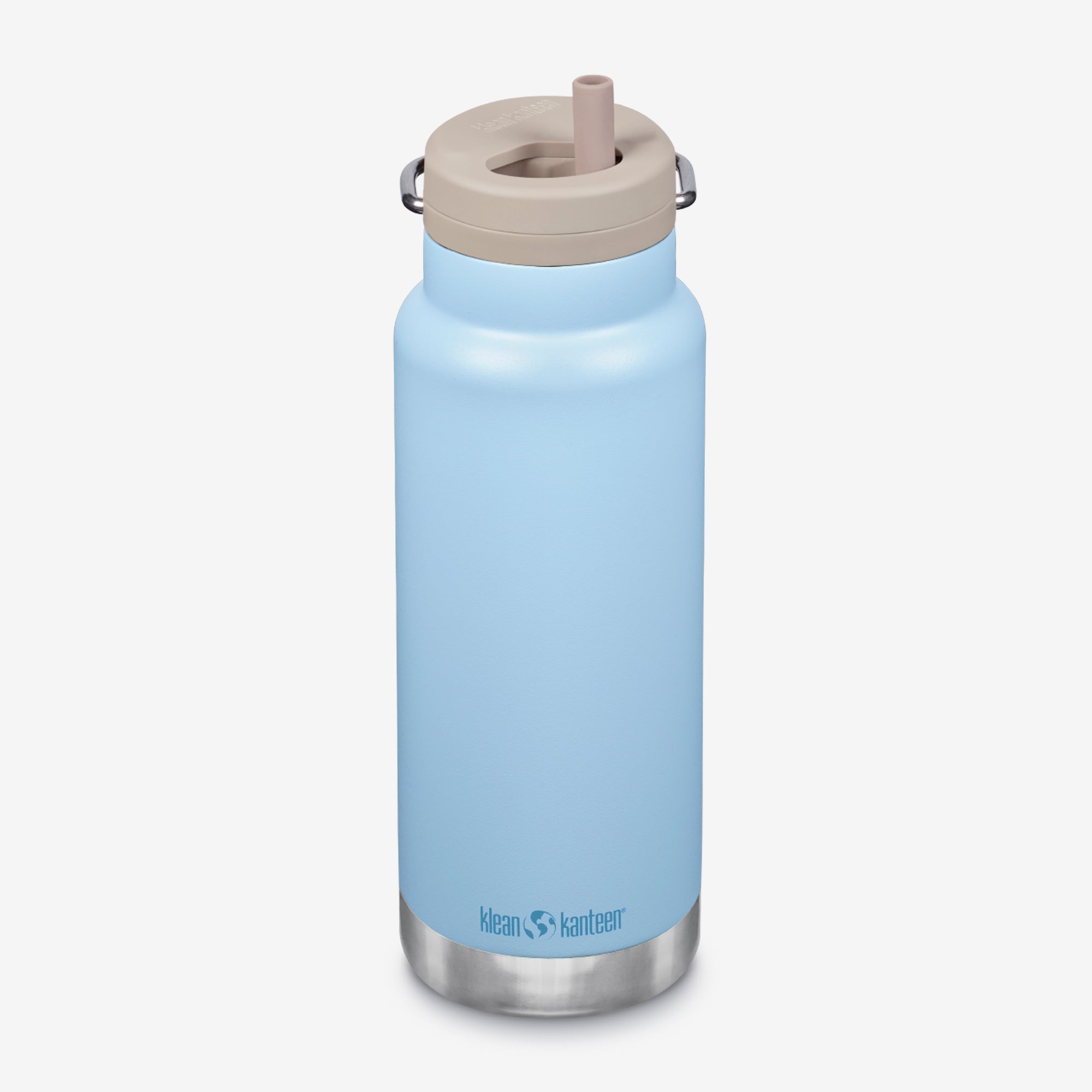 Blue water bottle with beige lid on a white background