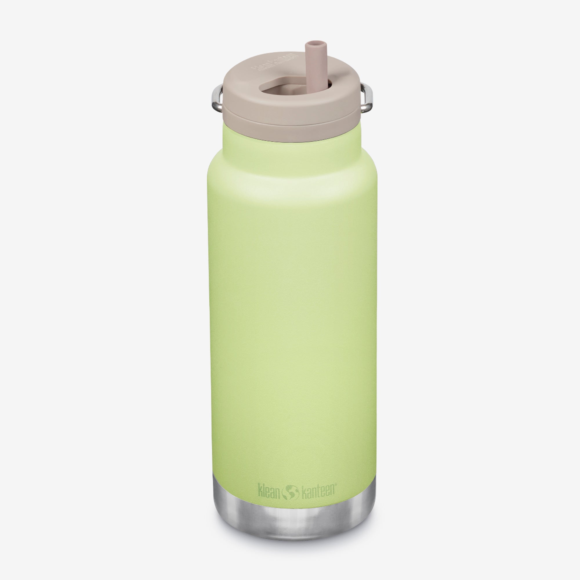 Light green water bottle with a beige lid on a white background