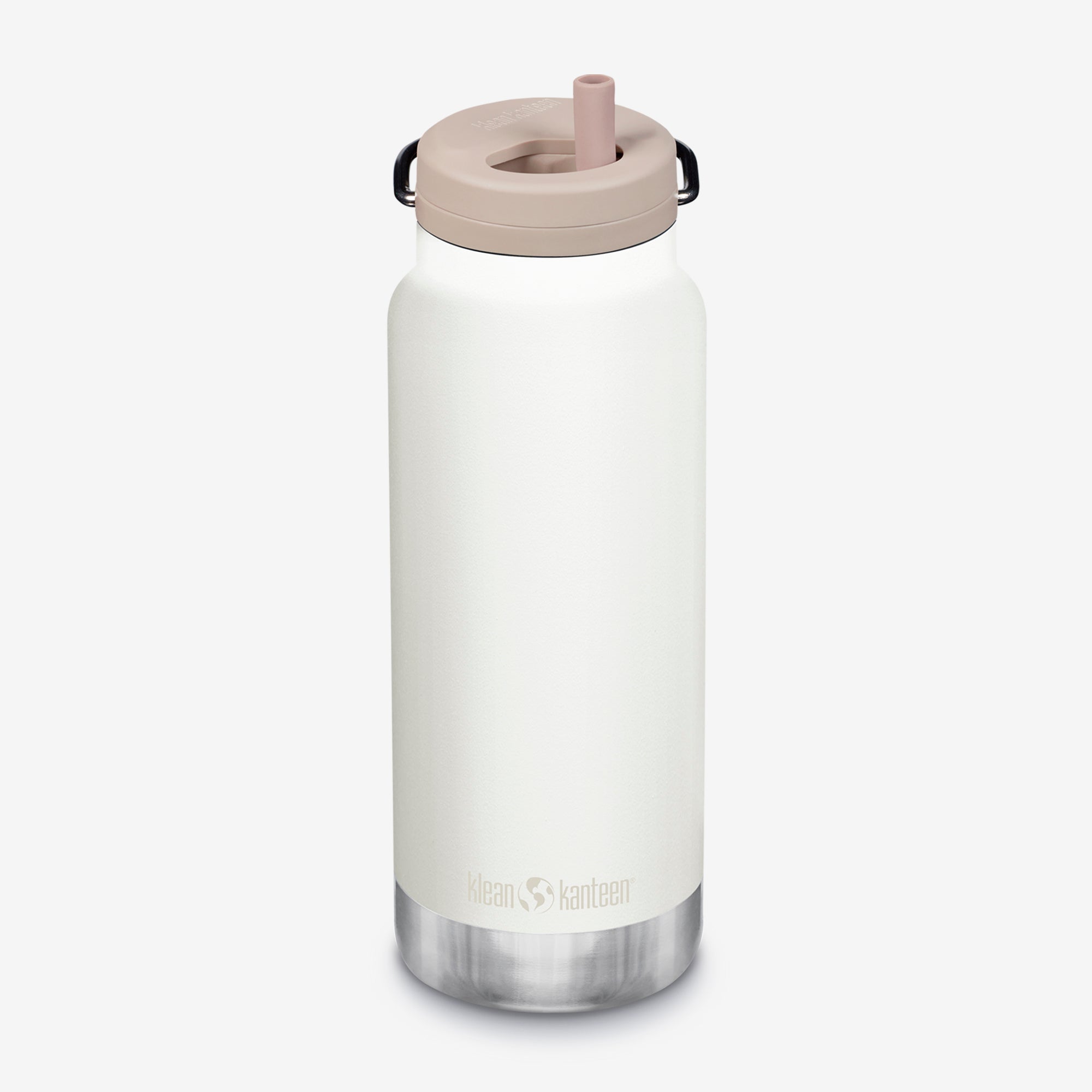 White insulated bottle with beige lid on a white background